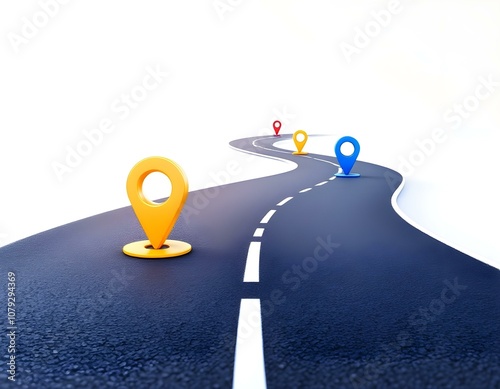 3D Curved Road with Colorful Milestone Markers and Dashed Lines – Minimalist Journey, Roadmap, Project Timeline Illustration