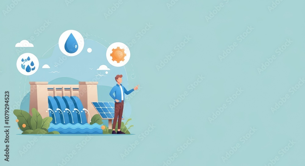 Illustration of renewable energy concept with hydroelectric dam and