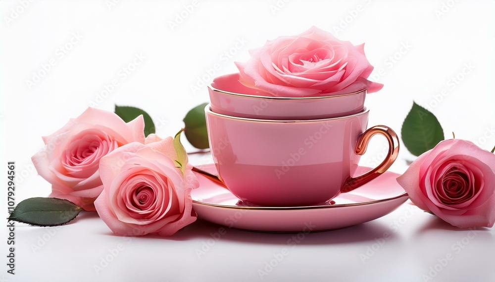 pink tea cups with roses white isolated background pink tea cups with roses white isolated background