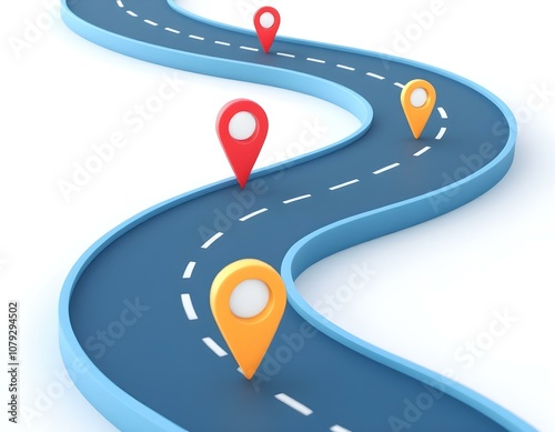 3D Curved Road with Colorful Milestone Markers and Dashed Lines – Minimalist Journey, Roadmap, Project Timeline Illustration