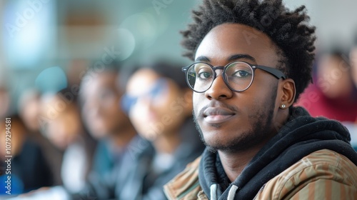 Wallpaper Mural Bright and determined young man, showcasing intelligence and readiness, seated in a university classroom setting Torontodigital.ca