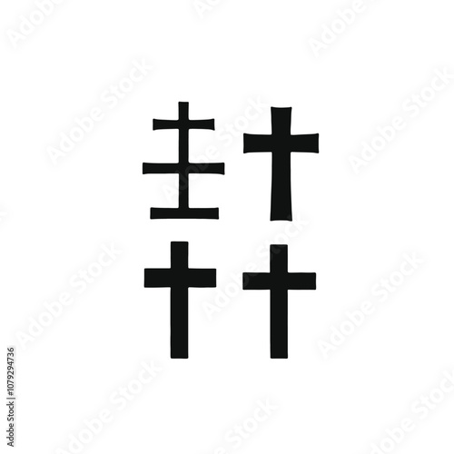 Four black Christian crosses of varying sizes and designs