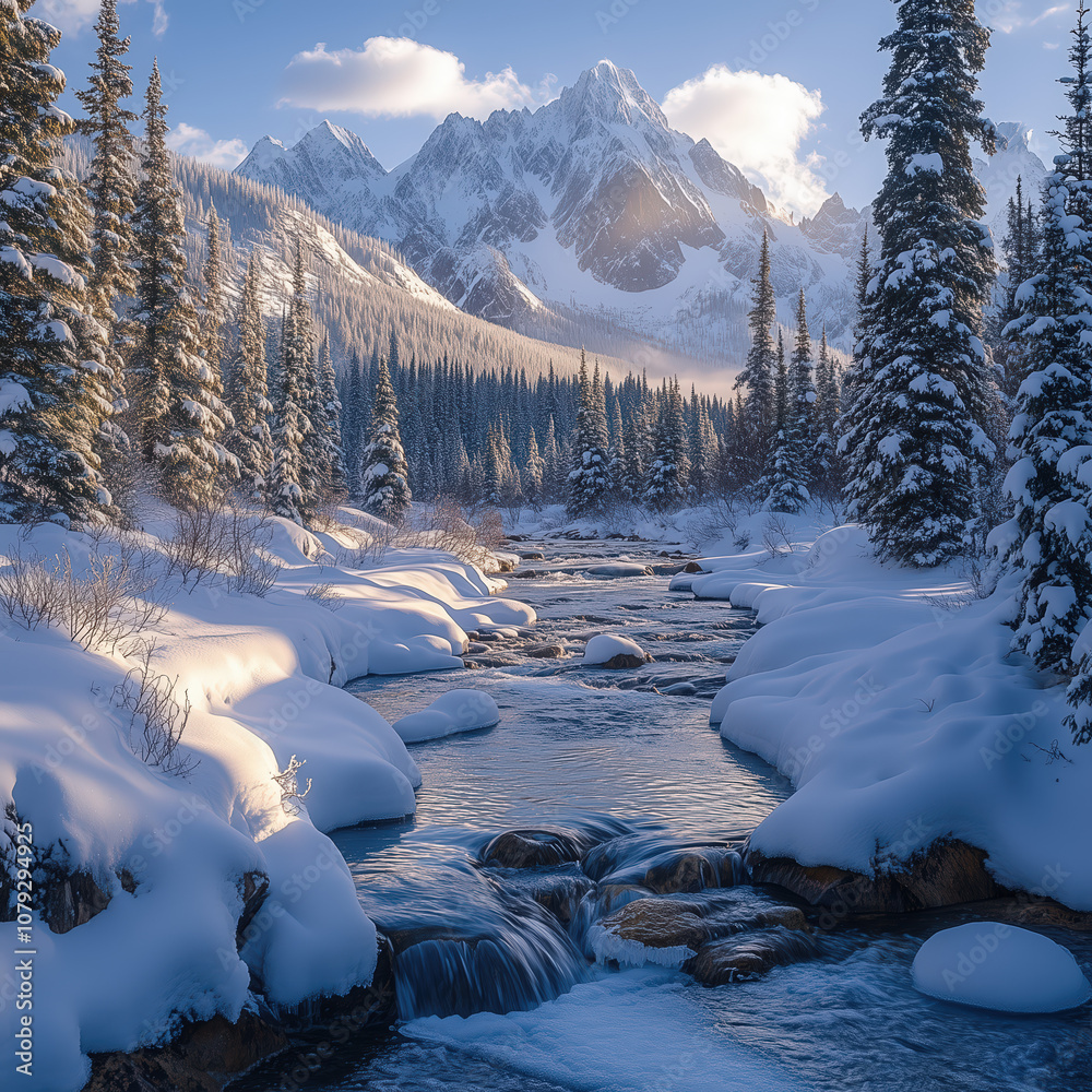 Fototapeta premium A snow-covered mountain landscape in winter, morning sunlight shining through the mist, lush green trees and a beautiful glacier stream, creating a serene and stunning atmosphere