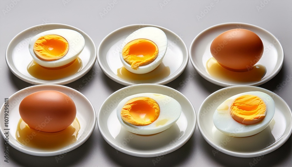 a variety of perfectly boiled eggs displayed on white plates showing different doneness levels of the egg yolks for culinary reference a variety of perfectly boiled eggs displayed on white plates showing different doneness levels of the egg yolks for culinary reference