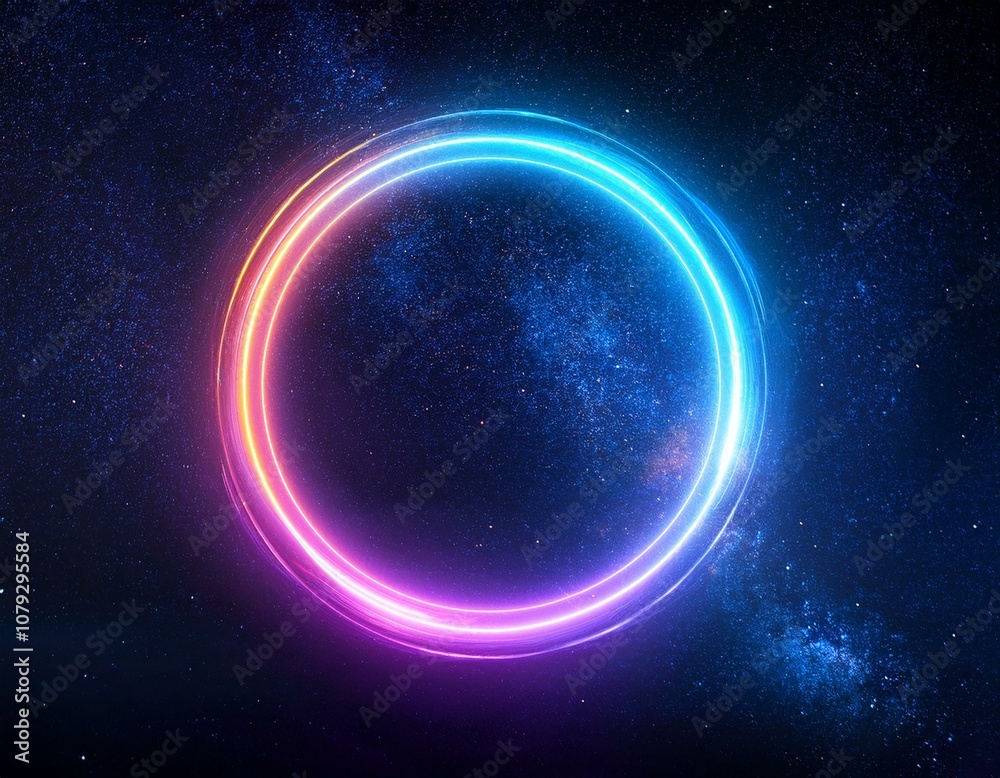 Fototapeta premium glowing ring of neon colored light against a dark space background