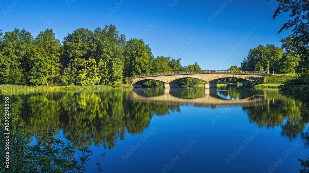 A beautiful bridge arches over a still lake, its reflection shimmering in the water. The Rakotz bridge in Kromlau, Germany, is a stunning sight, framed by lush trees and a clear blue sky. A beautiful bridge arches over a still lake, its reflection shimmering in the water. The Rakotz bridge in Kromlau, Germany, is a stunning sight, framed by lush trees and a clear blue sky.