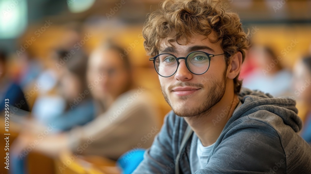 Bright and determined young man, showcasing intelligence and readiness, seated in a university classroom setting Bright and determined young man, showcasing intelligence and readiness, seated in a university classroom setting