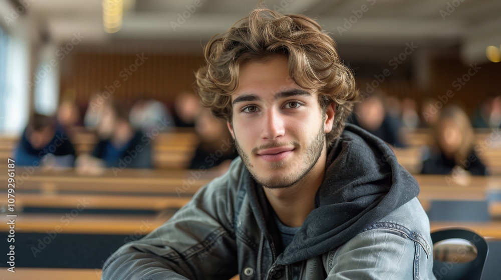 Bright and determined young man, showcasing intelligence and readiness, seated in a university classroom setting Bright and determined young man, showcasing intelligence and readiness, seated in a university classroom setting