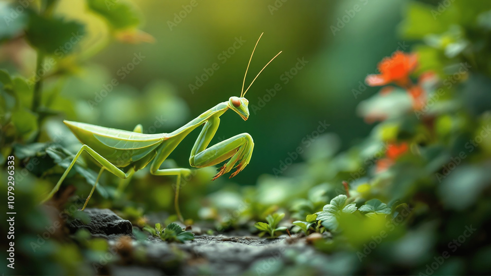Praying mantis in a vibrant garden setting Praying mantis in a vibrant garden setting