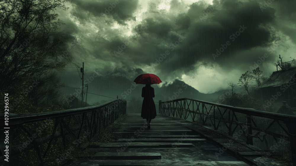 A mysterious woman with an umbrella walks across a bridge towards dark, ominous clouds. A mysterious woman with an umbrella walks across a bridge towards dark, ominous clouds.