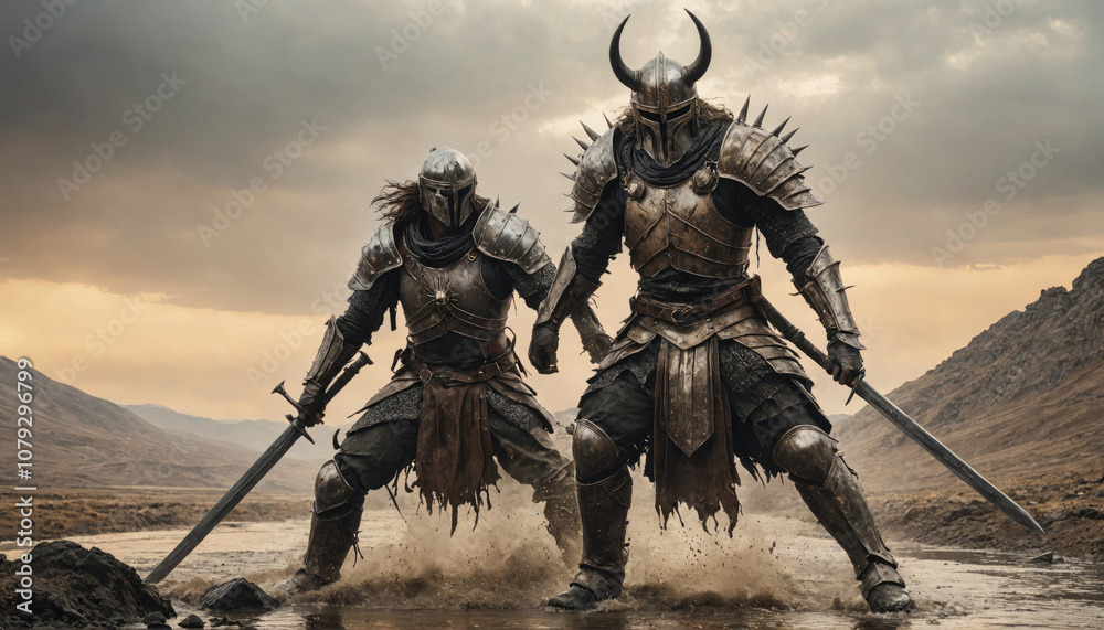 Two knights stand in a muddy field, ready to battle Two knights stand in a muddy field, ready to battle