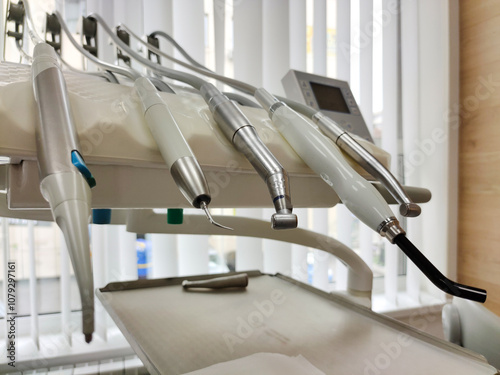 A variety of equipment for repairing human teeth close-up in a dentist's medical office. Oral health care