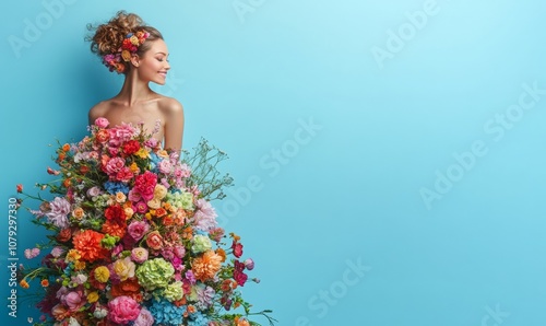 a lovely woman is wearing a long dress covered with beautiful fresh blooming flowers. She is posing against blue background and smiling, she is happy