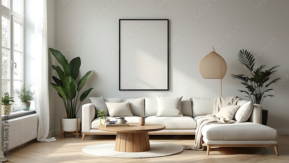 Minimalist Scandinavian Living Room Poster Mockup with Black Frame and Neutral Gray Sofa in Sunlit, Airy Space Featuring Light Wood Elements and Lush Greenery for a Calming Ambiance