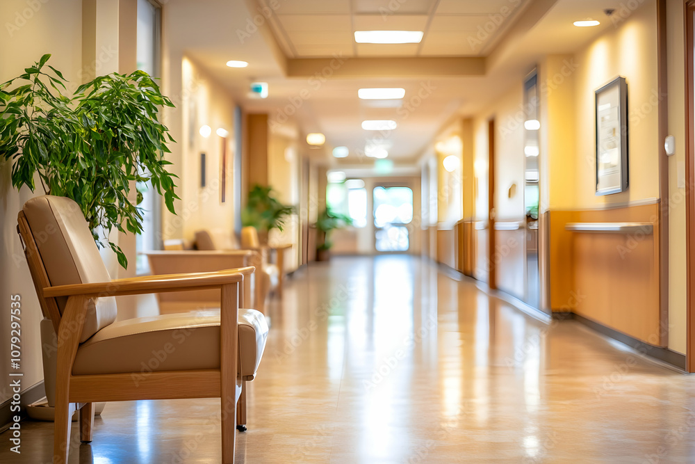 Blurred hospital corridor, conveying a clean, clinical environment Blurred hospital corridor, conveying a clean, clinical environment