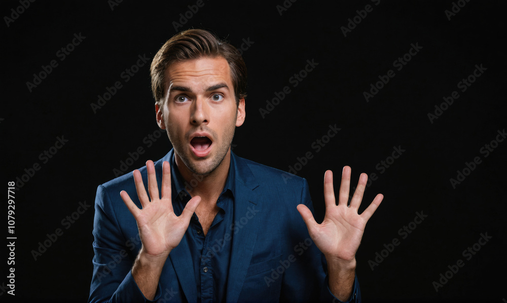 A man with a shocked expression holds his hands up in front of him A man with a shocked expression holds his hands up in front of him