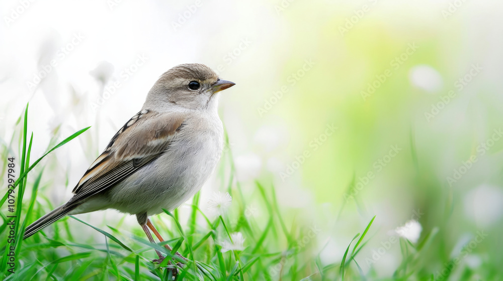 A small bird standing quietly in green grass on a sunny day A small bird standing quietly in green grass on a sunny day