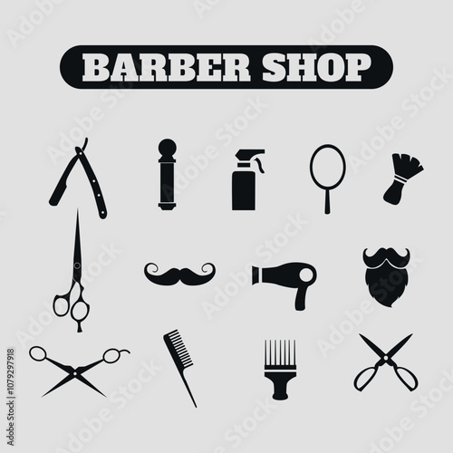 Set of black silhouettes of barber tools. Vector on a gray background