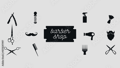 Set of black silhouettes of barber tools. Vector on a gray background