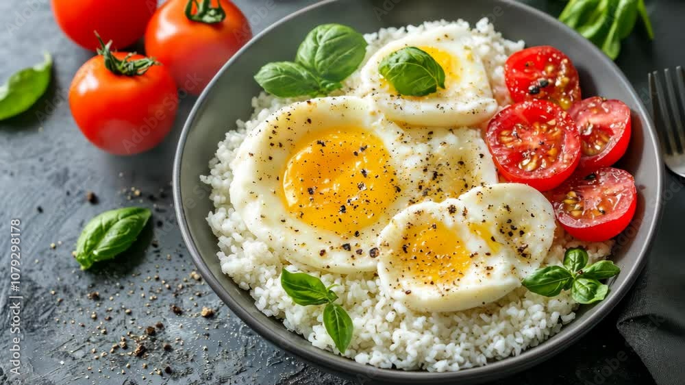 A close-up of a bowl of rice with boiled eggs, tomatoes, and basil