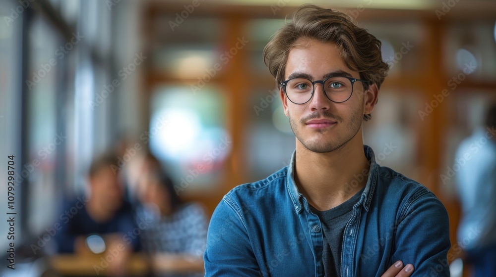 Bright and determined young man, showcasing intelligence and readiness, seated in a university classroom setting Bright and determined young man, showcasing intelligence and readiness, seated in a university classroom setting