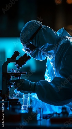 Medical researcher in a lab, observing a test tube under a microscope