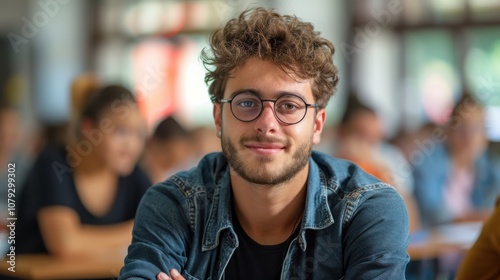 Bright and determined young man, showcasing intelligence and readiness, seated in a university classroom setting