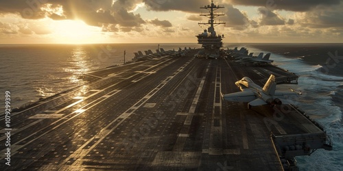 A U.S. Navy aircraft carrier navigating calm waters at sunset, showcasing jets on deck and a serene ocean landscape