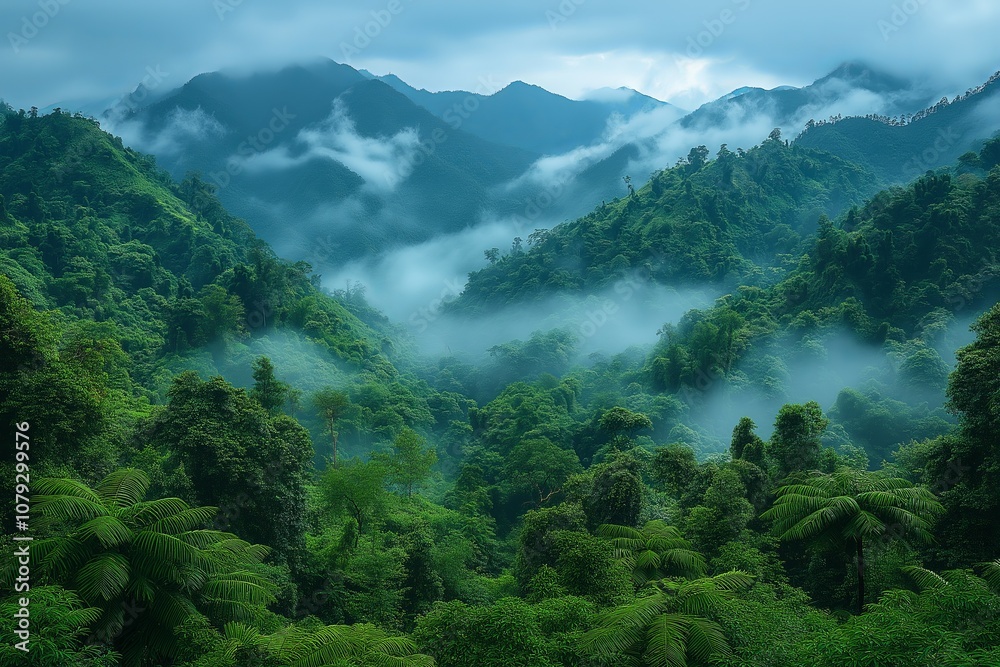 Obraz premium Fog rolling over lush tropical rainforest and mountains