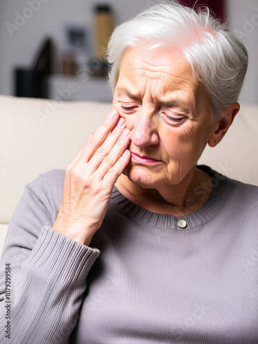 Senior woman touching her face,elderly experiencing pain and numbness in the face,Trigeminal Neuralgia,sudden and severe facial pain,Bell's palsy symptom,facial muscle weakness or paralysis,healthcare photo