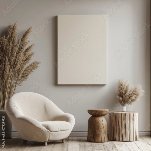 Canvas mockup in minimalist interior background with armchair and rustic decor, 3d render

