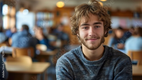 Bright and determined young man, showcasing intelligence and readiness, seated in a university classroom setting