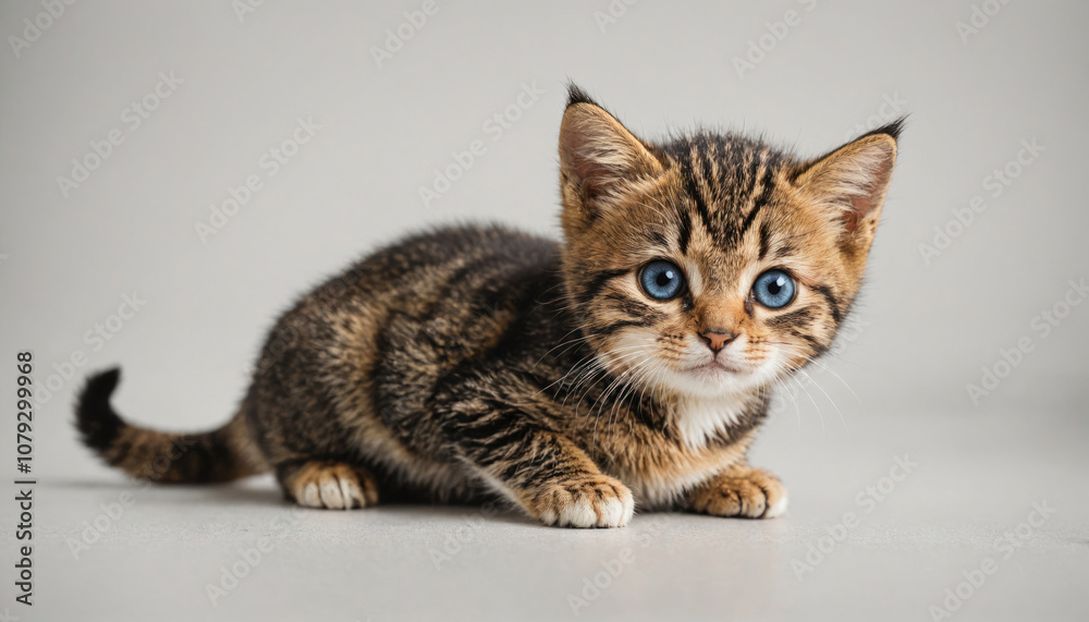 A tabby kitten with blue eyes sits on a white background, looking directly at the camera A tabby kitten with blue eyes sits on a white background, looking directly at the camera