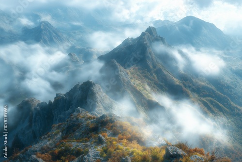 Fog rolling over majestic mountain peaks in autumn photo