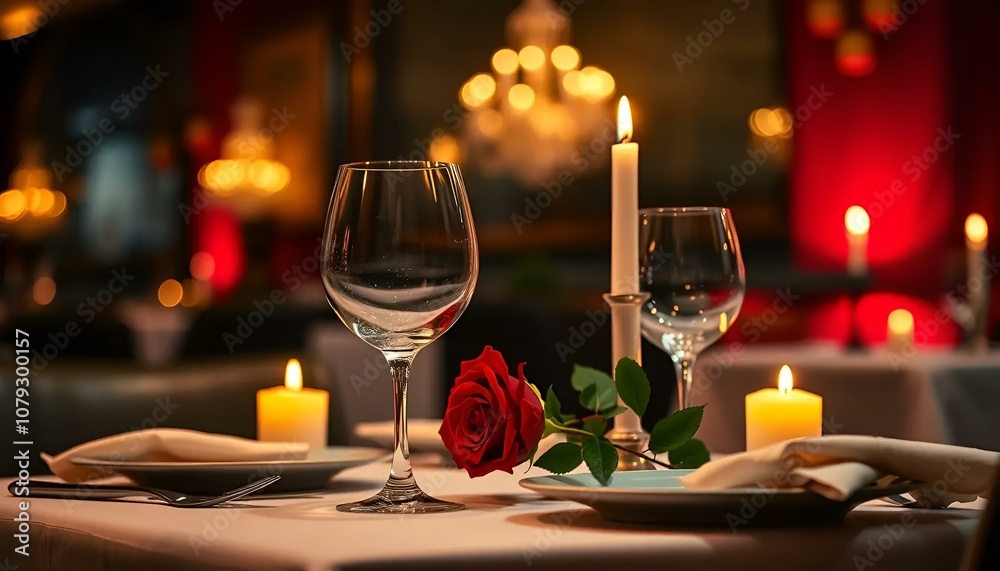 Romantic dinner table setting with rose and candles in elegant restaurant Romantic dinner table setting with rose and candles in elegant restaurant