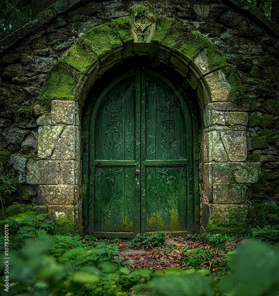 A photograph of an old, moss-covered stone archway with green wooden doors... A photograph of an old, moss-covered stone archway with green wooden doors...