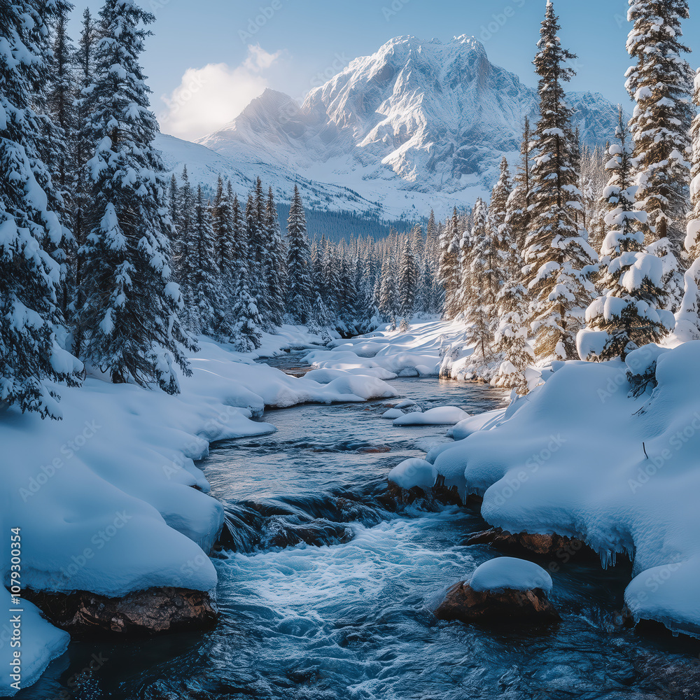 A snow-covered mountain landscape in winter, morning sunlight shining through the mist, lush green trees and a beautiful glacier stream, creating a serene and stunning atmosphere A snow-covered mountain landscape in winter, morning sunlight shining through the mist, lush green trees and a beautiful glacier stream, creating a serene and stunning atmosphere