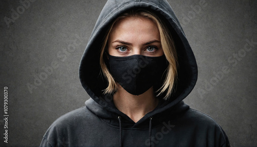 A woman wearing a black hoodie and face mask stands in front of a gray background