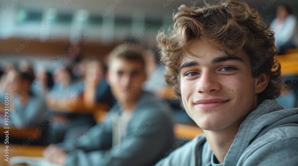 Bright and determined young man, showcasing intelligence and readiness, seated in a university classroom setting Bright and determined young man, showcasing intelligence and readiness, seated in a university classroom setting