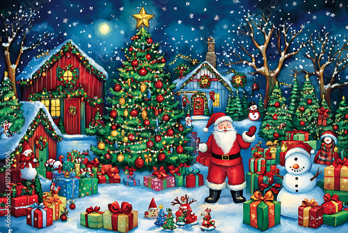 A festive Christmas scene featuring colorful gifts, cheerful toys, decorated Christmas trees, jolly snowmen, and a kind Santa Claus, creating a warm and joyful holiday atmosphere.