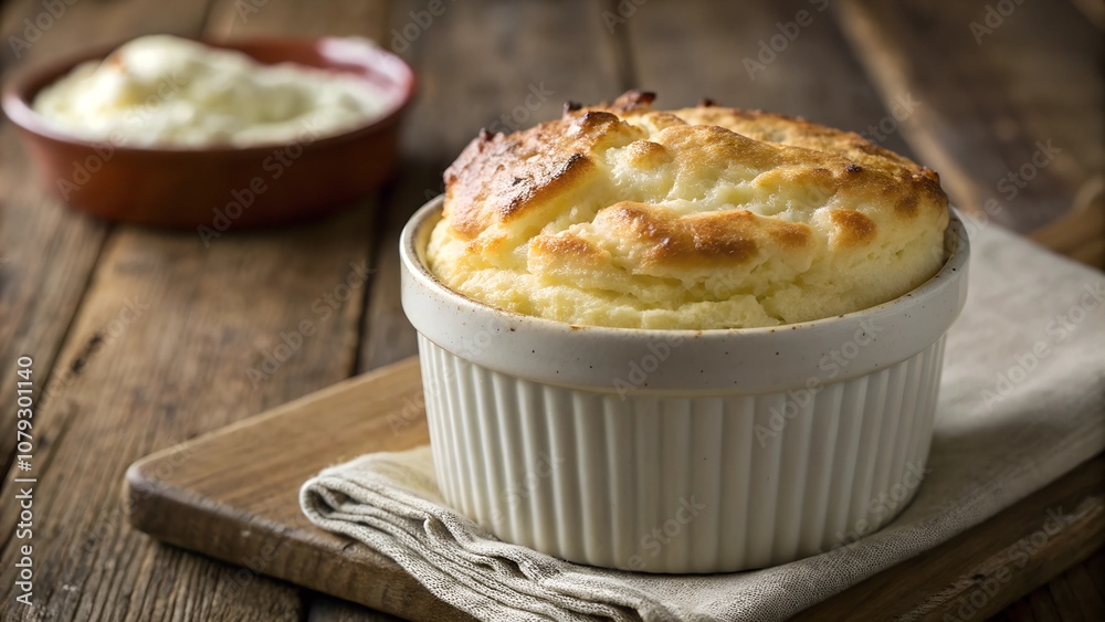 Cheese soufflé served warm in white ramekin 