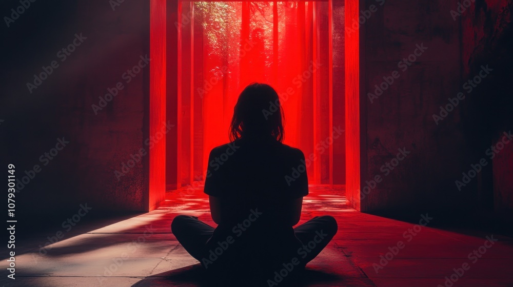 A silhouetted figure meditates in a red-lit space. A silhouetted figure meditates in a red-lit space.
