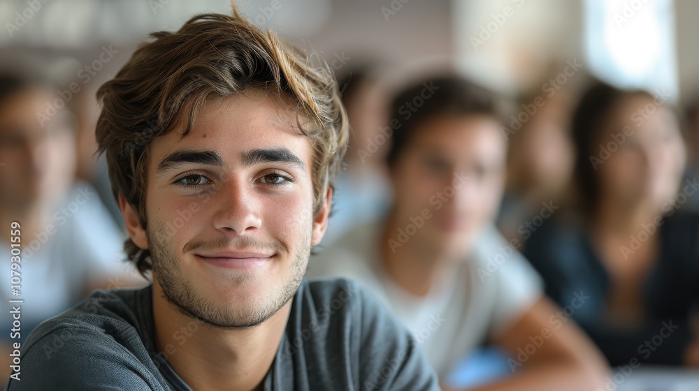 Bright and determined young man, showcasing intelligence and readiness, seated in a university classroom setting Bright and determined young man, showcasing intelligence and readiness, seated in a university classroom setting