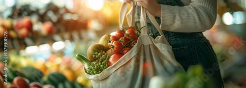 A person holding a cloth bag filled with fresh produce at a local farmers market. organic vegetables, fruits, shopping, 