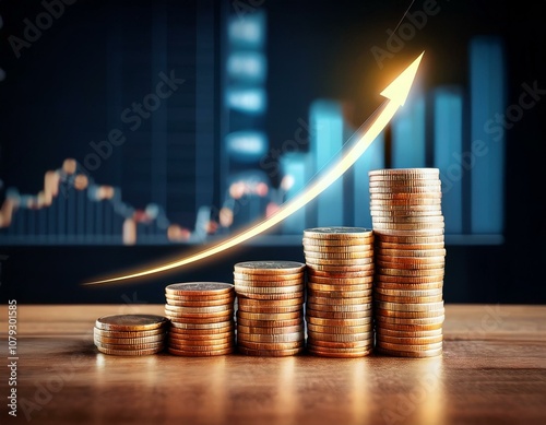 stack of coins with graph chart growth up business marketing