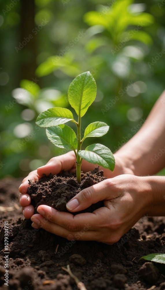 Hands planting young sapling in soil, promoting forest conservation and environmental care.
