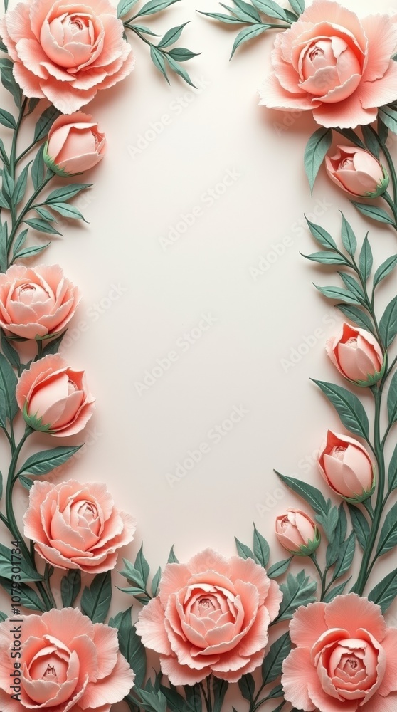 Peach Paper Flowers Frame with Green Leaves for Invitation Peach Paper Flowers Frame with Green Leaves for Invitation