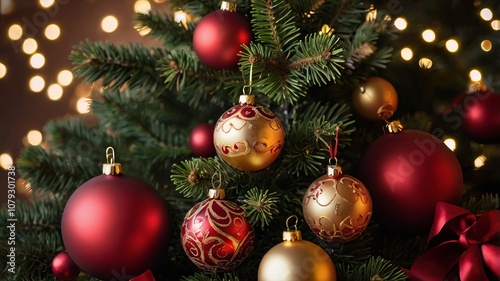 Glowing Christmas tree adorned with red and gold ornaments, sparkling lights creating a festive holiday atmosphere. Perfect for celebrating the Christmas season.