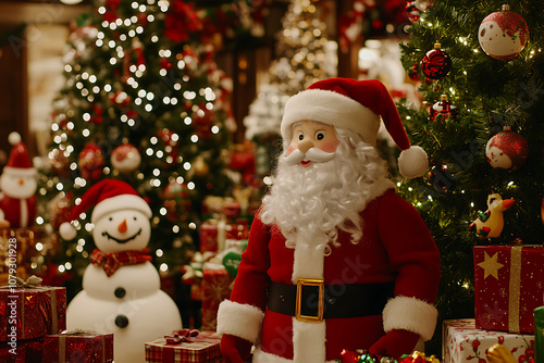 A festive Christmas scene featuring colorful gifts, cheerful toys, decorated Christmas trees, jolly snowmen, and a kind Santa Claus, creating a warm and joyful holiday atmosphere.