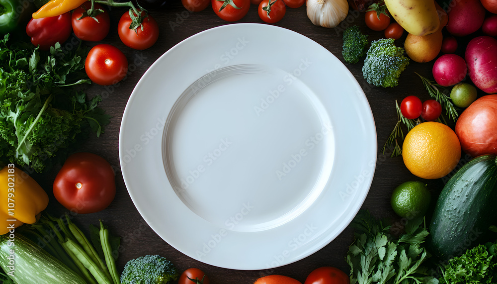 Empty White Plate Surrounded by Fresh Colorful Vegetables on Dark Background - Healthy Food Concept, AI GENERAT Empty White Plate Surrounded by Fresh Colorful Vegetables on Dark Background - Healthy Food Concept, AI GENERAT